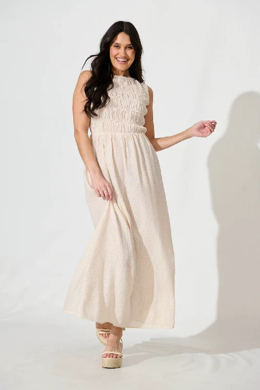 Ionia Maxi Dress in Beige and White Gingham Elegant Lace-Up Maxi Dress