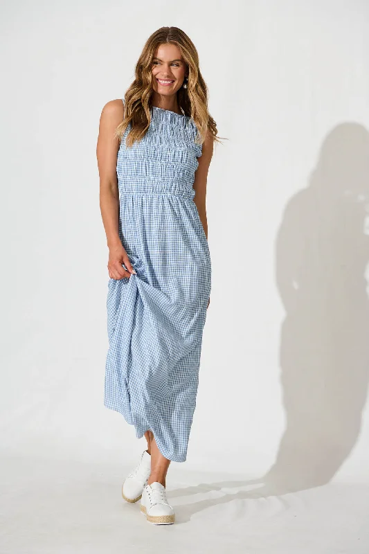 Ionia Maxi Dress in Blue and White Gingham Trendy Maxi Dress with Lace