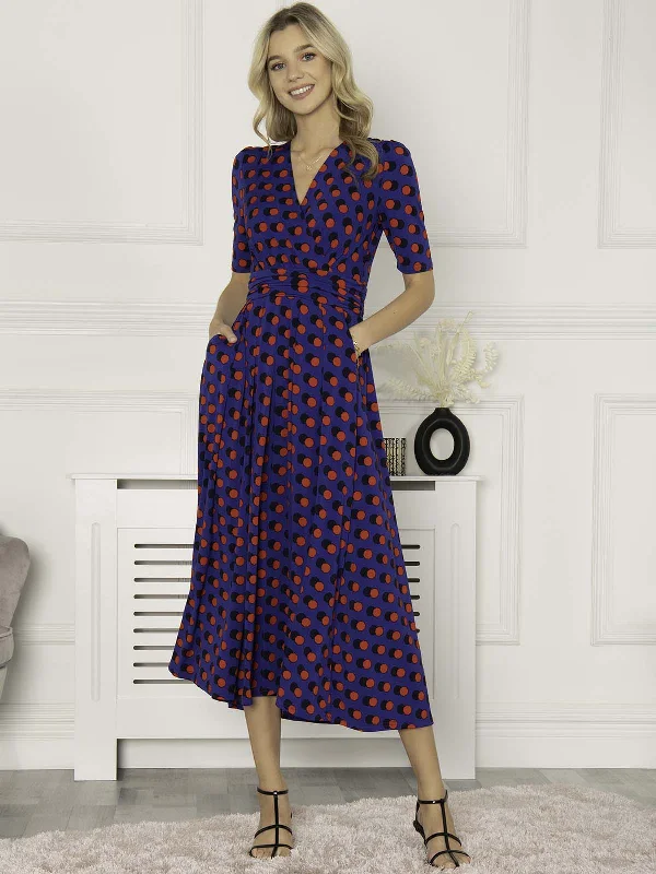 Jolie Moi Akayla Printed Jersey Maxi Dress, Blue Polka Elegant Maxi Dress with Pockets