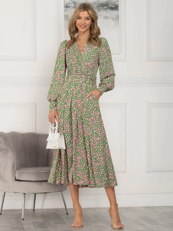 Jolie Moi Allyn Long Sleeved Maxi Dress, Green Animal Cozy Wrap Maxi Dress