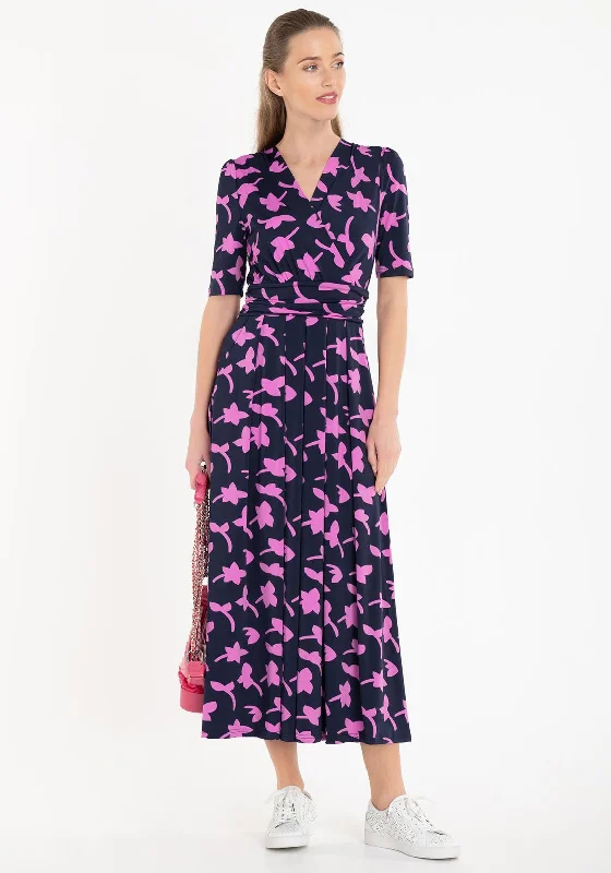 Jolie Moi Amaka Leaf Print Jersey Maxi Dress, Navy & Pink Stylish A-Line Maxi Dress