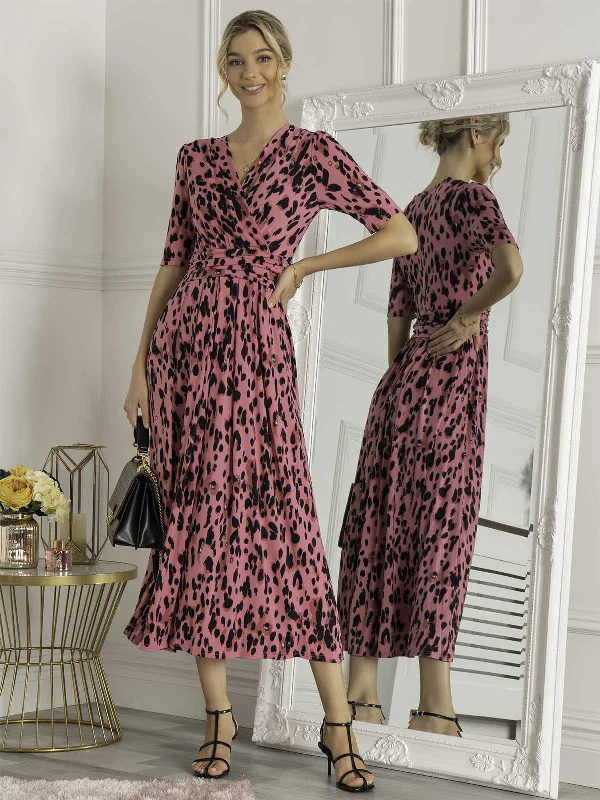 Jolie Moi Animal Print Wrap Neck Maxi Dress, Pink Animal Chic Sleeveless Maxi Dress