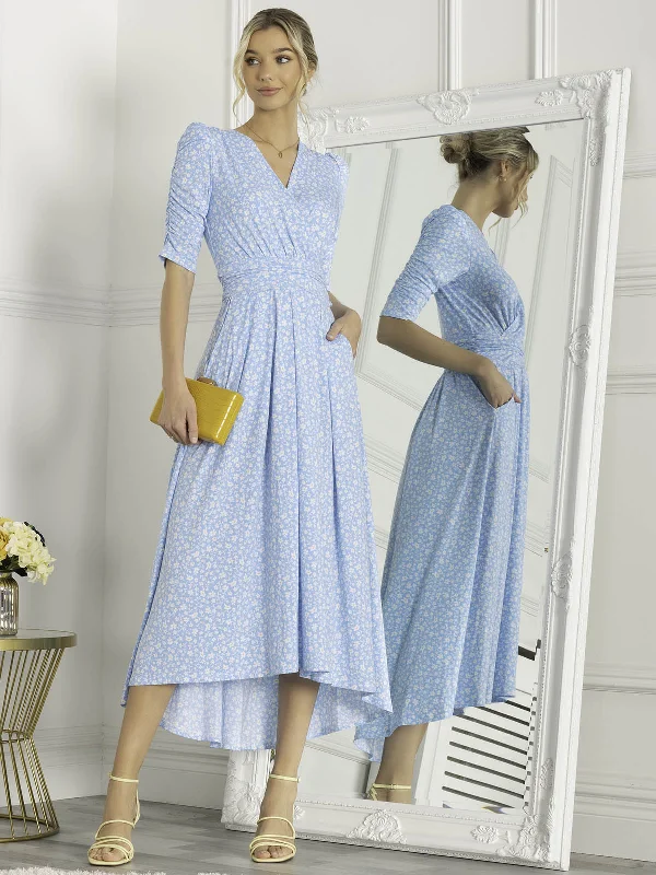 Jolie Moi Elenora Ruched Sleeve Maxi Dress, Blue Floral Chic Button-Up Maxi Dress