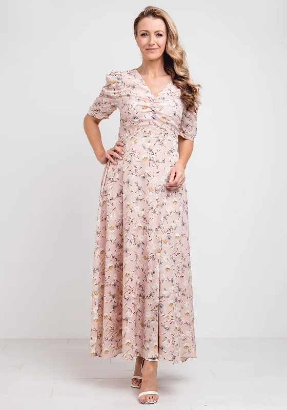 Jolie Moi Floral Open Back Maxi Dress, Pink Comfortable Pleated Maxi Dress