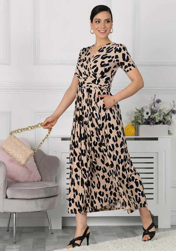 Jolie Moi Kiera Animal Print Maxi Dress, Camel Elegant Tiered Maxi Dress