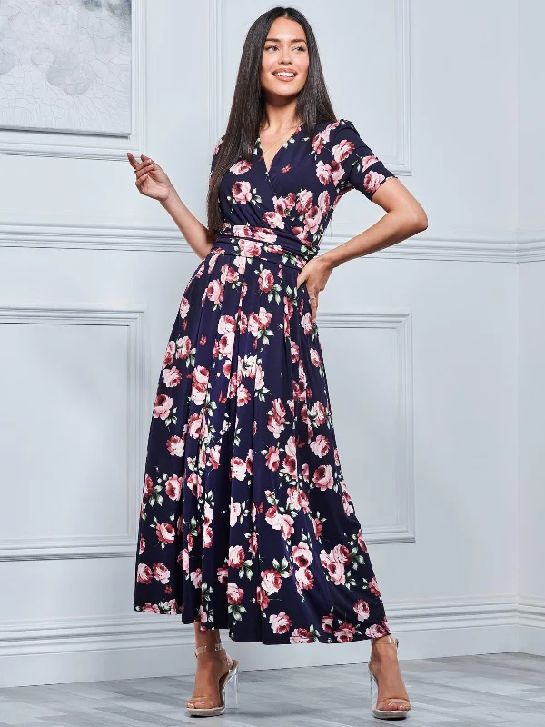 Kiera Wrap Front Maxi Dress, Navy Floral Comfortable Maxi Dress with Slits