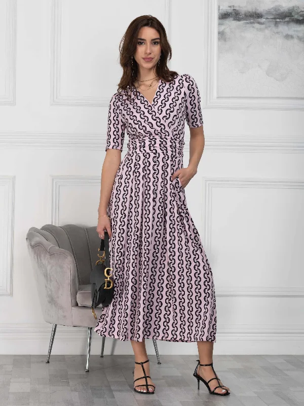 Jolie Moi Molly Geo Print Maxi Dress, Pink Geo Elegant Tiered Maxi Dress