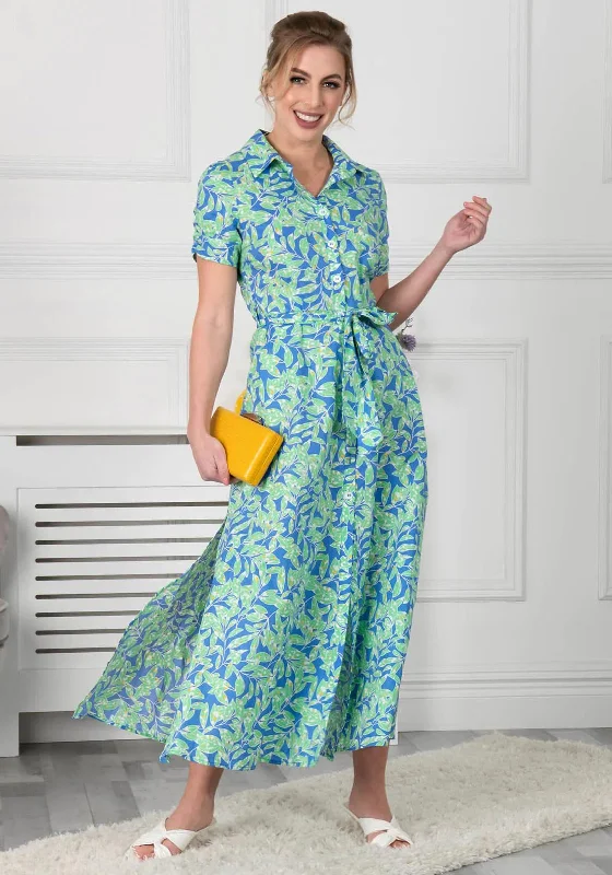 Jolie Moi Viera Leaf Print Maxi Dress, Green & Blue Stylish Boho Maxi Dress