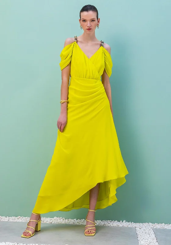 Kameya Bead Strap Cold Shoulder Maxi Dress, Yellow Fashionable High-Low Maxi Dress