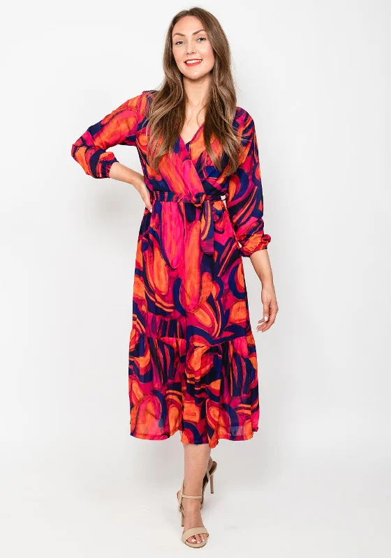 Kate & Pippa Boho Swirl Maxi Dress, Pink & Purple Trendy Off-Shoulder Ruffle Maxi Dress