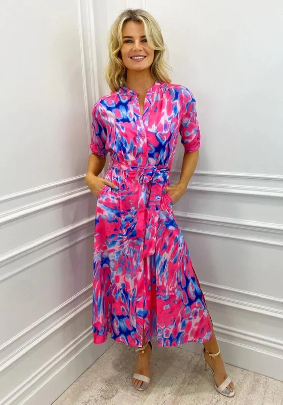 Kate & Pippa Capri Mandarin Neck Maxi Dress, Pink & Blue Trendy Maxi Dress with Belt