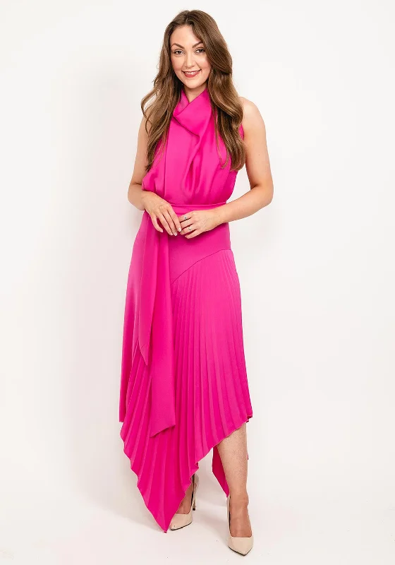 Kevan Jon Perla High Neck Pleat Maxi Dress, Fuchsia Chic Summer Floral Maxi Dress