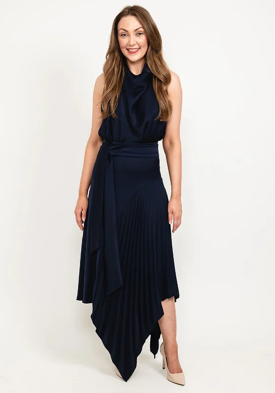 Kevan Jon Perla High Neck Pleat Maxi Dress, Navy Trendy Printed Maxi Dress