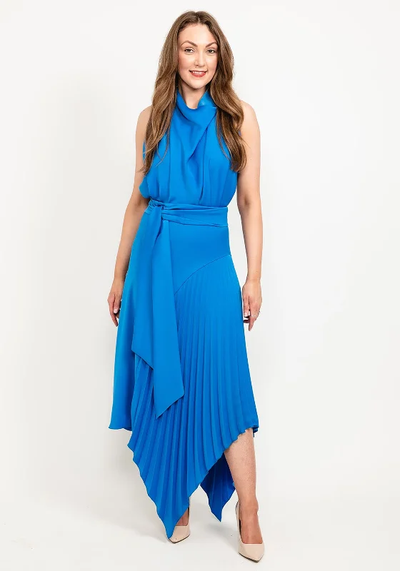 Kevan Jon Perla High Neck Pleat Maxi Dress, New Blue Fashionable Halter Neck Maxi Dress