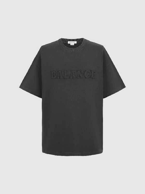 Letter Embossed Crew Neck Loose T-Shirt Boxy Fit Fitted Loose