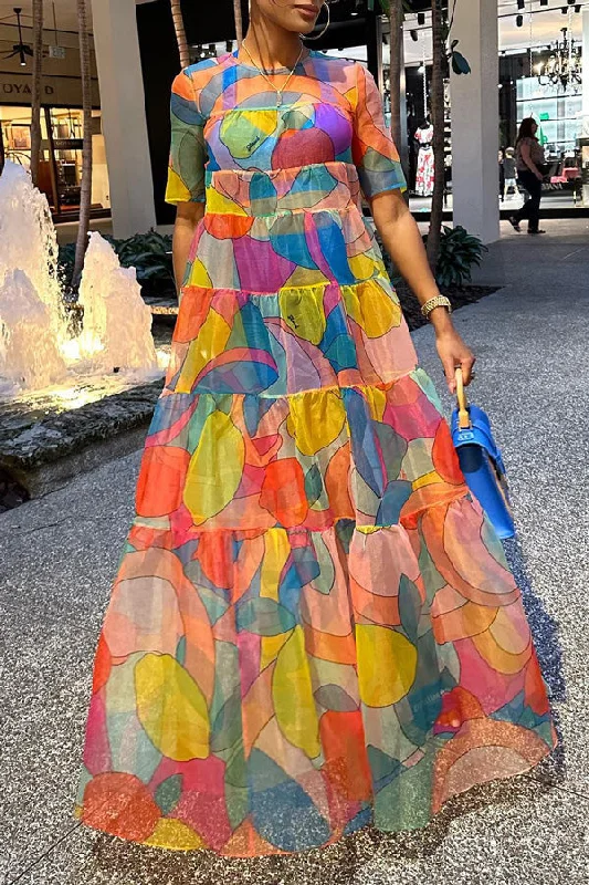 Fruit Print Mosaic Swing Maxi Dress Elegant Maxi Dress with Drapes