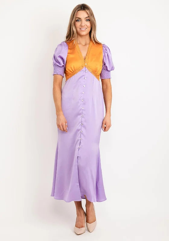 Never Fully Dressed Colour Block Maxi Dress, Lilac & Orange Stylish Long Sleeve Maxi Dress