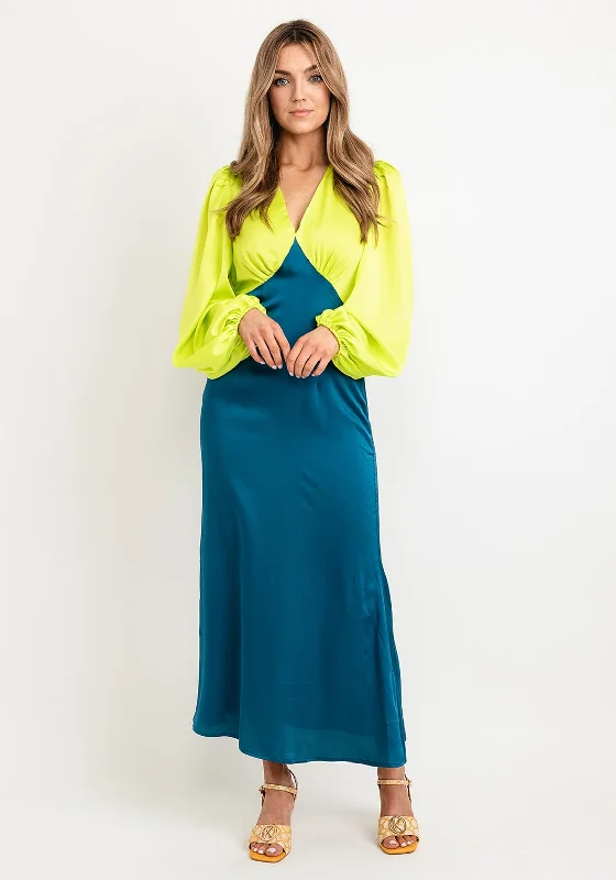 Never Fully Dressed Colour Block Maxi Dress, Lime & Blue Fashionable Off-Shoulder Maxi Dress