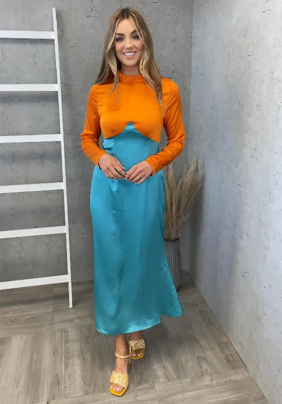 Never Fully Dressed Colour Block Maxi Dress, Orange & Teal Fashionable High-Waist Maxi Dress