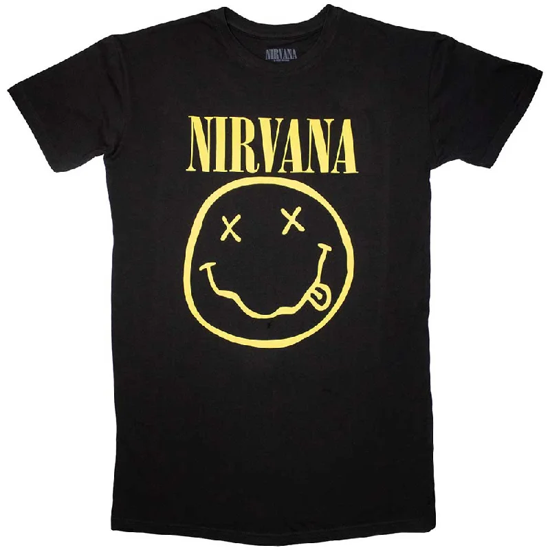 Nirvana | Ladies Official Band T-Shirt Dress | Yellow Happy Face Collared Crew Neck Turtle Neck