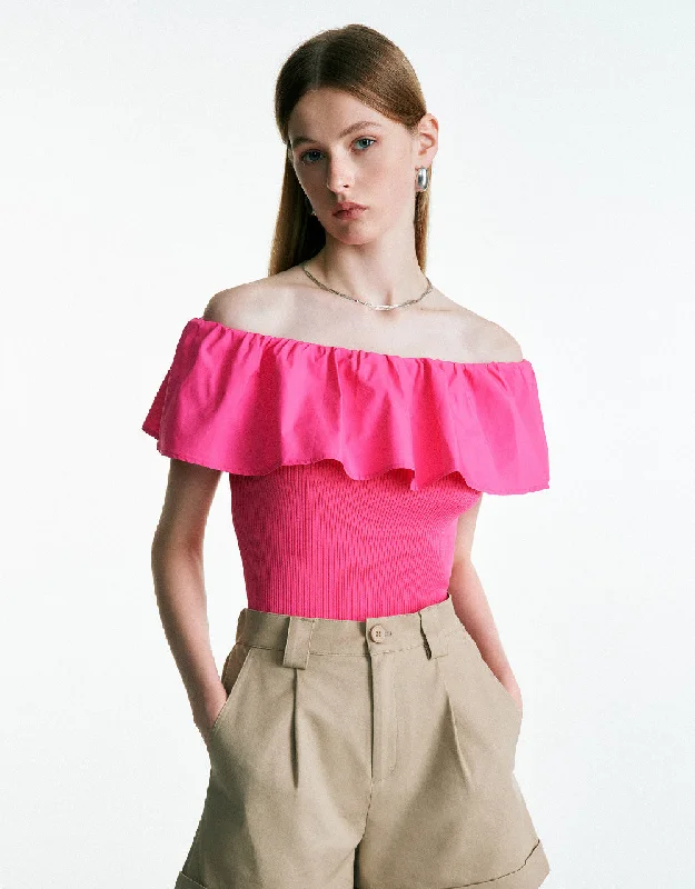 Off-Shoulder Knitted T-Shirt Striped Floral Plaid