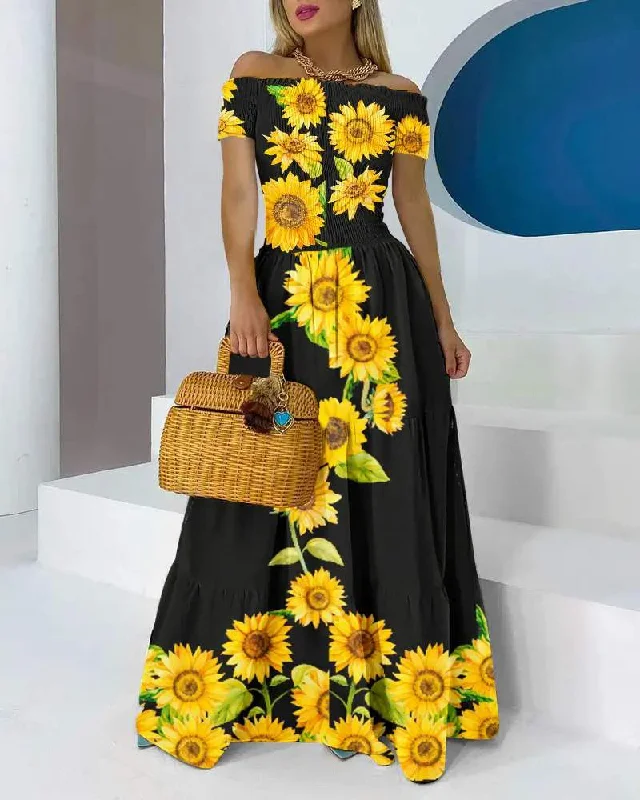 OFF SHOULDER SUNFLOWER PRINT SHIRRED MAXI MID LENGTH MAXI DRESS Elegant Maxi Dress with Drapes