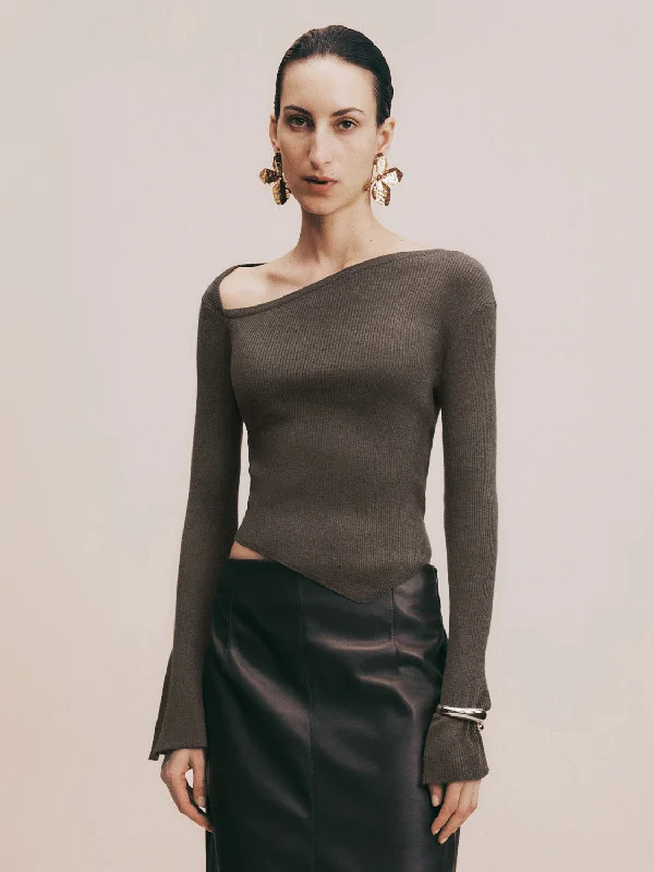 One Shoulder Skinny Knitted T-Shirt Graphic Embroidered Appliqued