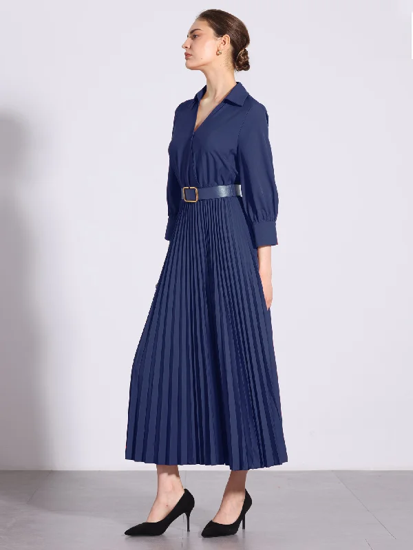 Collar V Neck Belted Dressy Casual Pleated Maxi Dress Elegant Pleated Maxi Dress