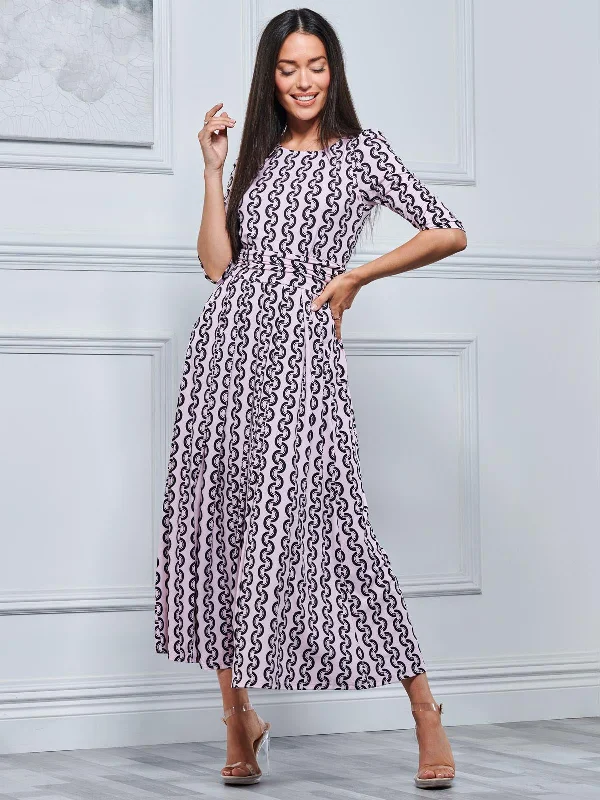 Pauline Sleeved Maxi Dress, Pink Pattern Stylish Long Sleeve Maxi Dress