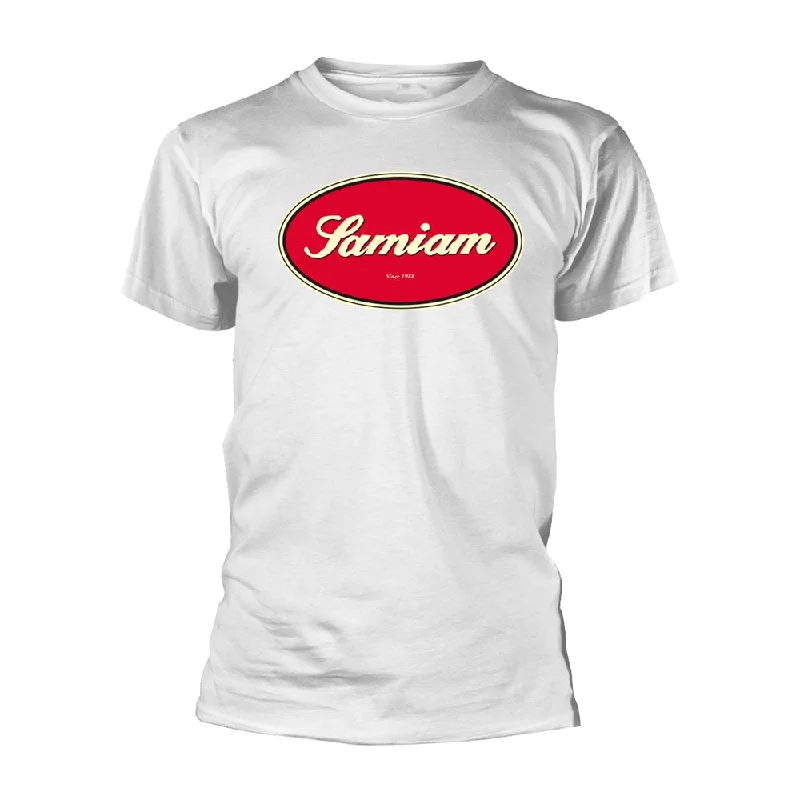 Samiam Unisex T-shirt: Oval Logo - White (Organic Ts) Chenille Brocade Lace