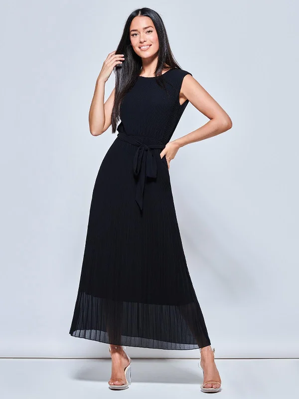 Pleated Chiffon Sleeveless Maxi Dress, Black Cozy Maxi Dress with Slit