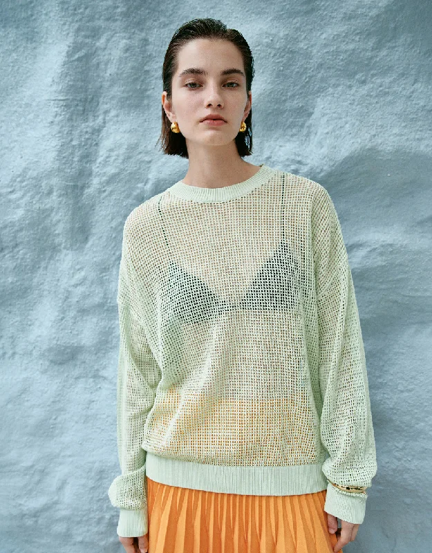 Pointelle Crew Neck Knitted T-Shirt Hooded Caped Shawl Collar