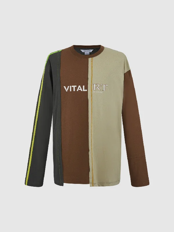 Printed Crew Neck Loose T-Shirt Welt Pockets Slit Pockets Flap Pockets