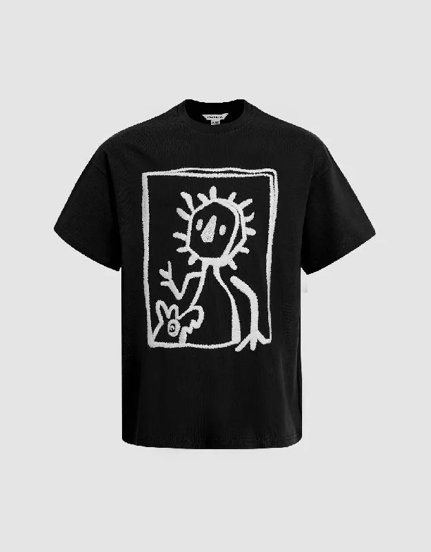 Printed Crew Neck Straight T-Shirt Rayon Velvet Corduroy