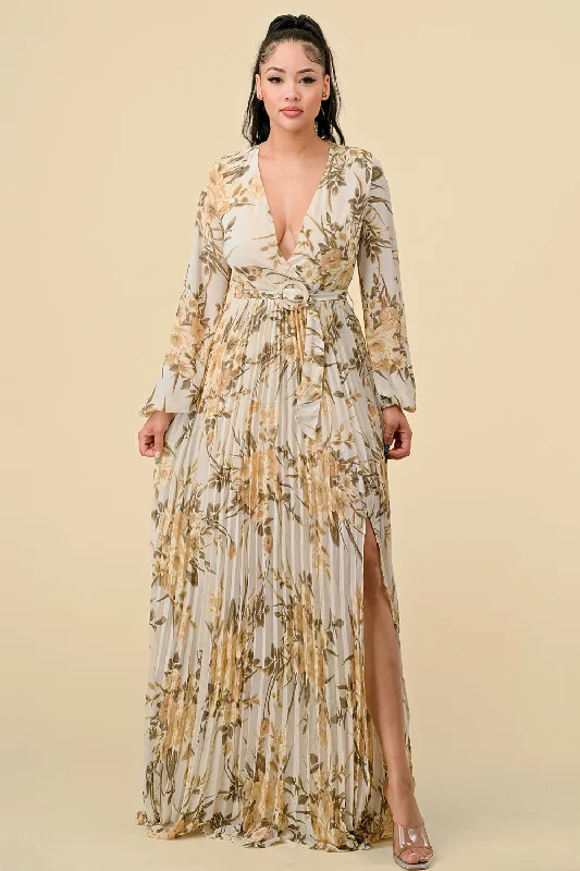 Printed Long Sleeve Pleated Maxi Dress Elegant Boho Maxi Dress