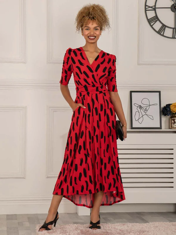 Quanna Stroke Print Jersey Maxi Dress, Red Comfortable Fit-and-Flare Maxi Dress