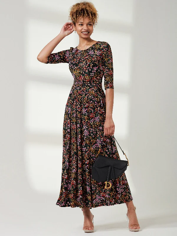 Round Neck Sleeved Jersey Maxi Dress, Black Ditsy Comfortable Fit-and-Flare Maxi Dress