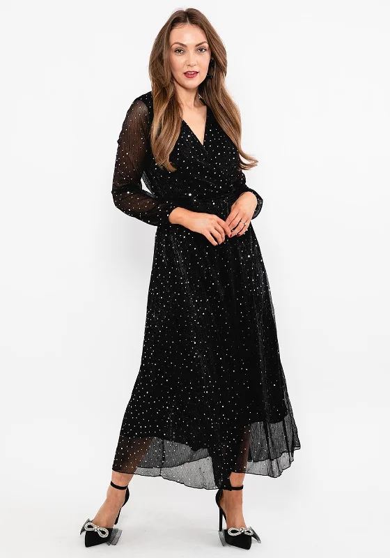 Seventy1 Metallic Dot Shimmer Maxi Dress, Black Stylish Empire Waist Maxi Dress