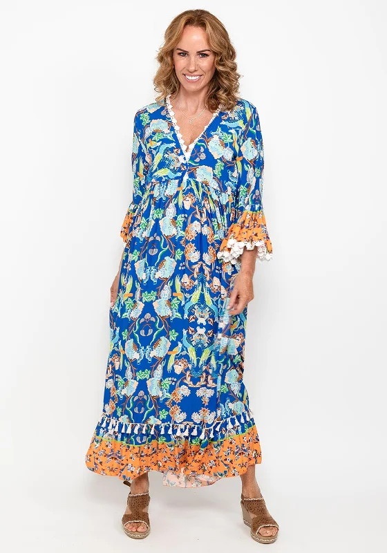 Seventy1 One Size Floral Bell Sleeve Maxi Dress, Blue Comfortable Cotton Maxi Dress