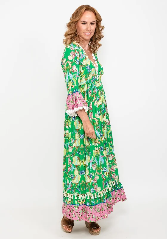 Seventy1 One Size Floral Bell Sleeve Maxi Dress, Green Comfortable Fit-and-Flare Maxi Dress