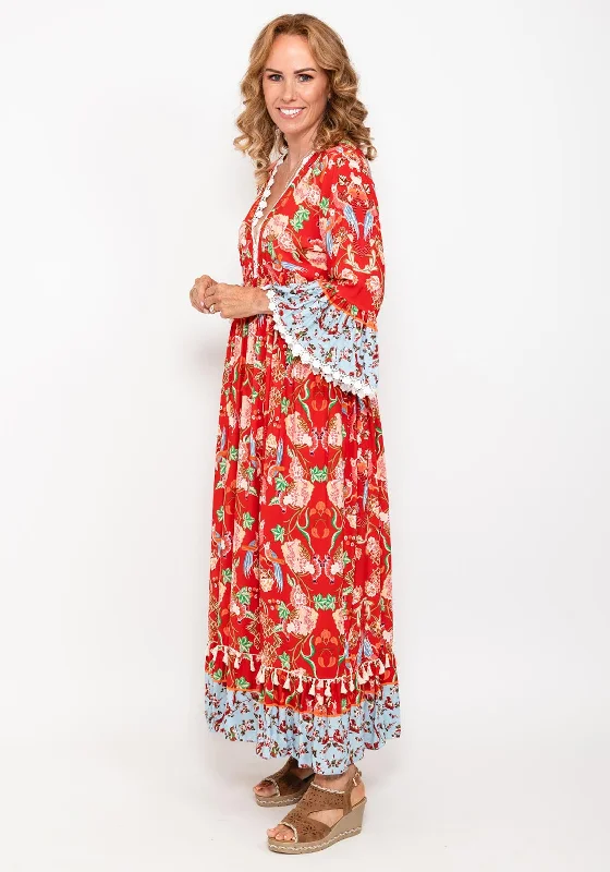 Seventy1 One Size Floral Bell Sleeve Maxi Dress, Red Cozy Maxi Dress with Slit