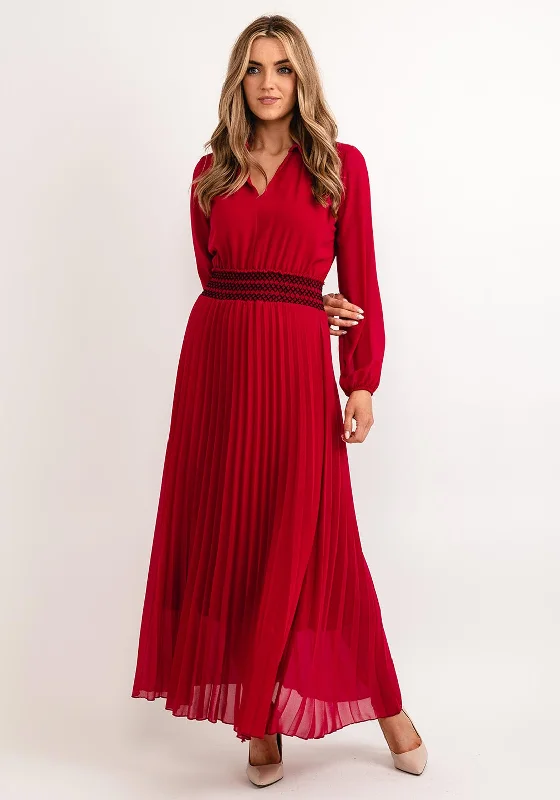 Seventy1 One Size Pleated Embroidered Waist Maxi Dress, Berry Fashionable High-Waist Maxi Dress