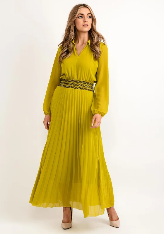 Seventy1 One Size Pleated Embroidered Waist Maxi Dress, Yellow Cozy Maxi Dress with Slit