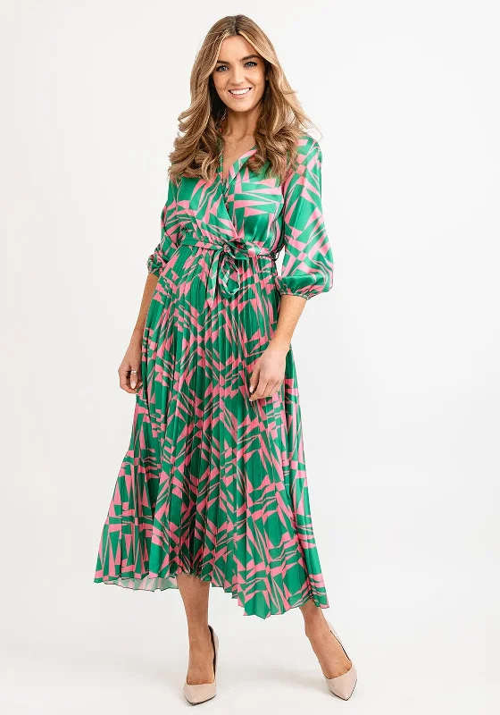 Seventy1 One Size Printed Design Pleated Maxi Dress, Green & Pink Trendy Floral Print Maxi Dress