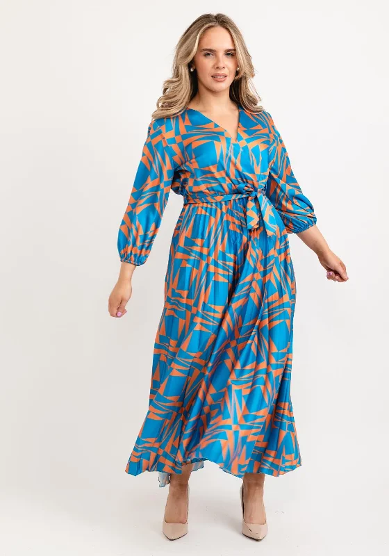 Seventy1 One Size Shape Pleated Maxi Dress, Blue & Orange Comfortable Pleated Maxi Dress