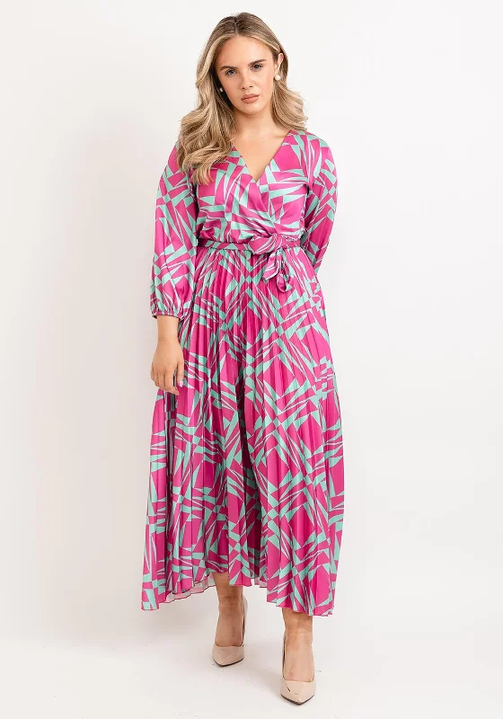 Seventy1 One Size Shape Pleated Maxi Dress, Pink & Green Casual Maxi Dress with Pockets