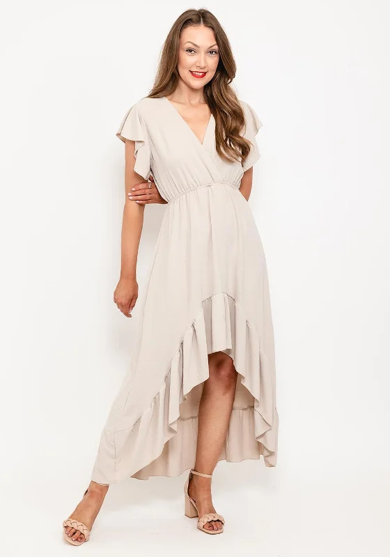 Seventy1 One Size Tiered Maxi Dress, Beige Trendy Short Sleeve Maxi Dress