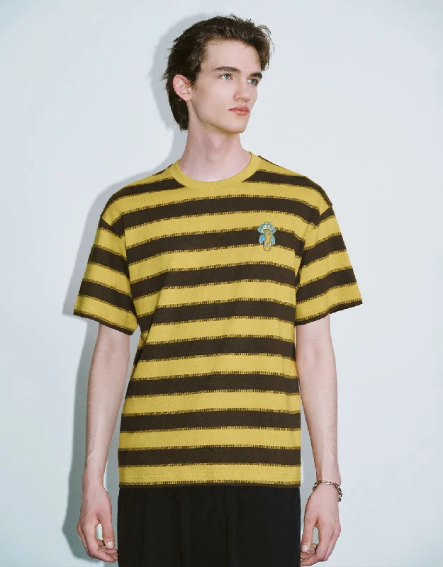 Striped Crew Neck Loose T-Shirt Mesh Blend Leather Blend Suede Blend