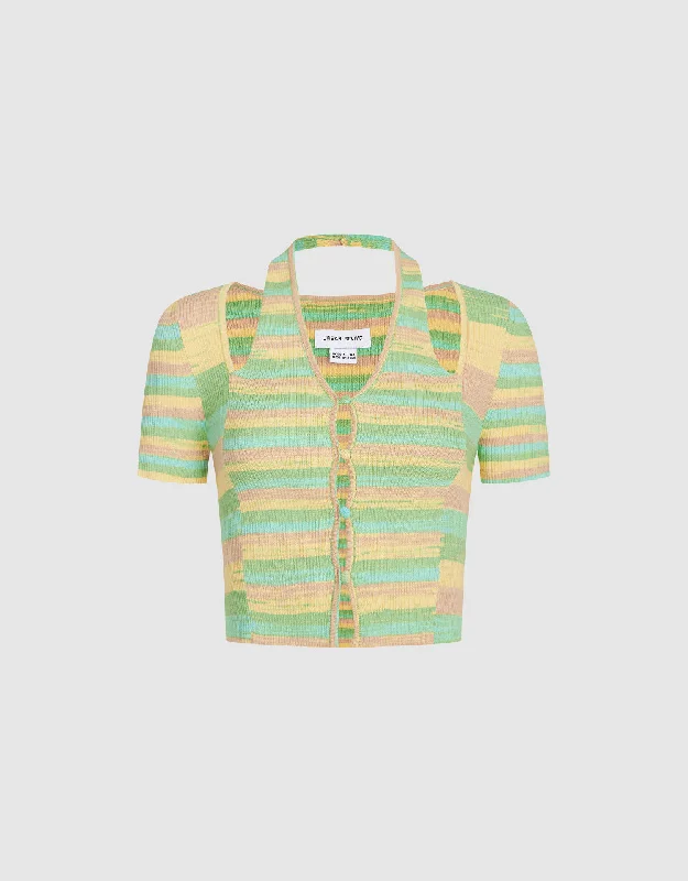 Striped Cut-Out Knitted T-Shirt Satin Blend Silk Blend Wool Blend