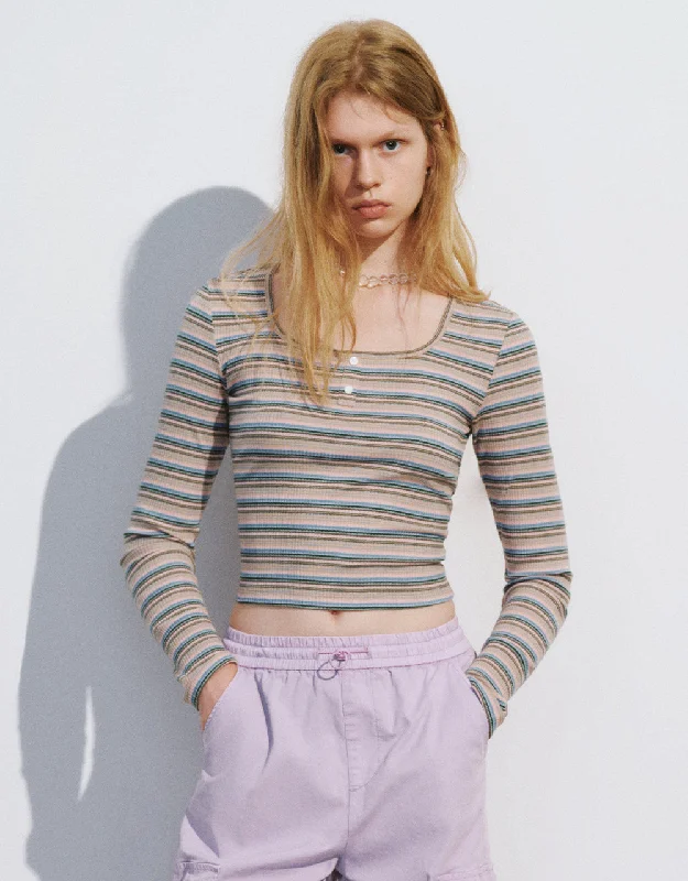 Striped U Neck Skinny T-Shirt Fleece Nylon Spandex